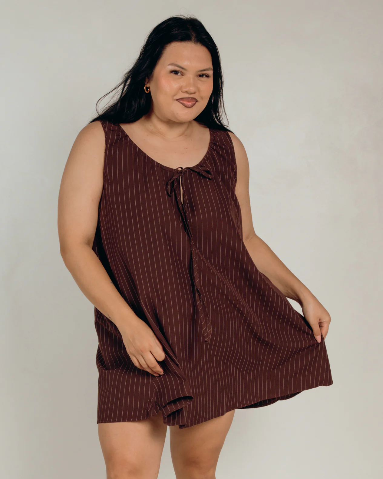 Evie Mini Dress | Chocolate Pinstripe - Image 3