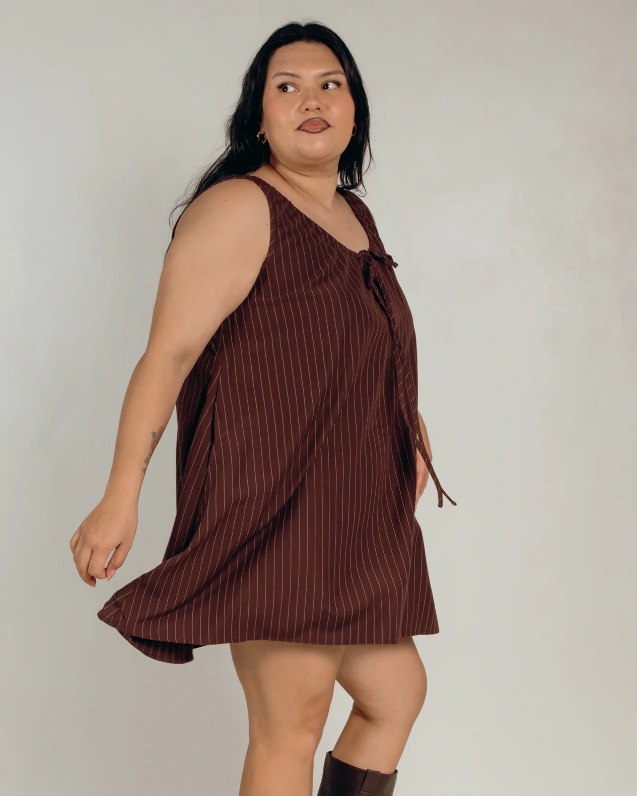 Evie Mini Dress | Chocolate Pinstripe - Image 5