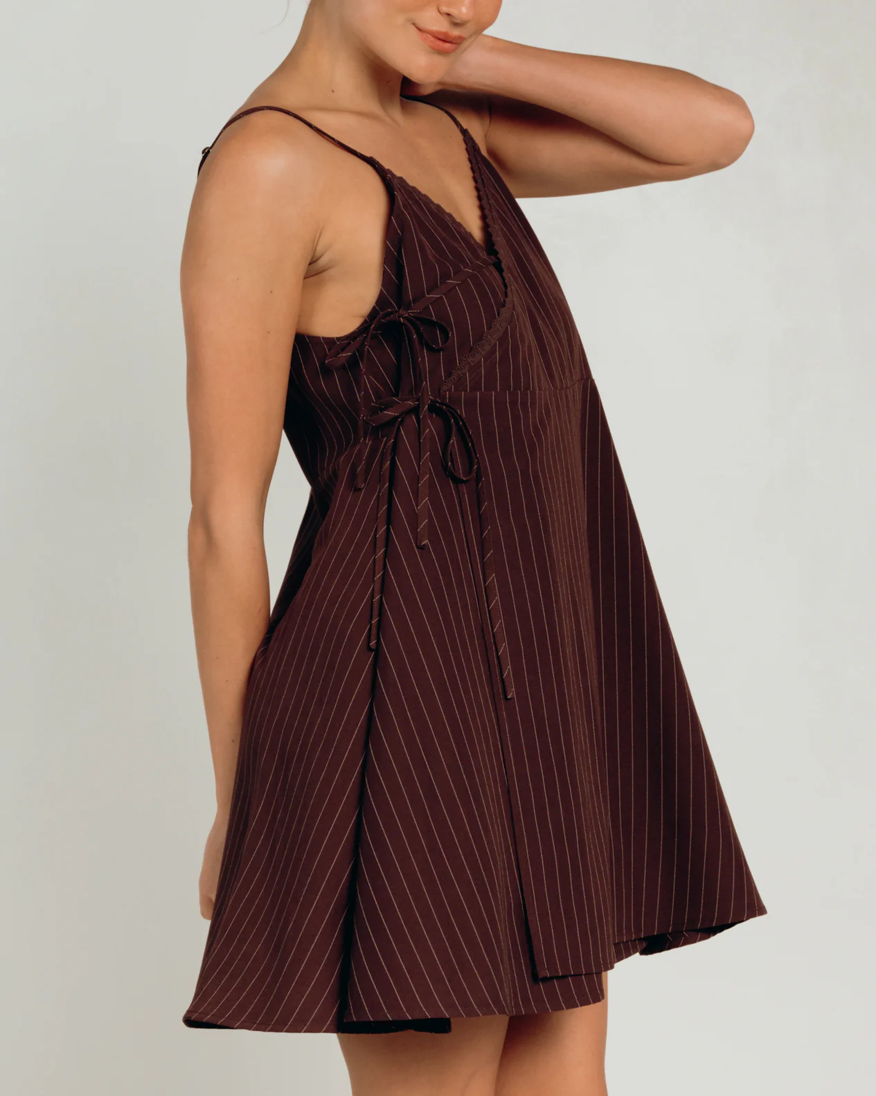 Lulu Wrap Dress | Chocolate Pinstripe - Image 4