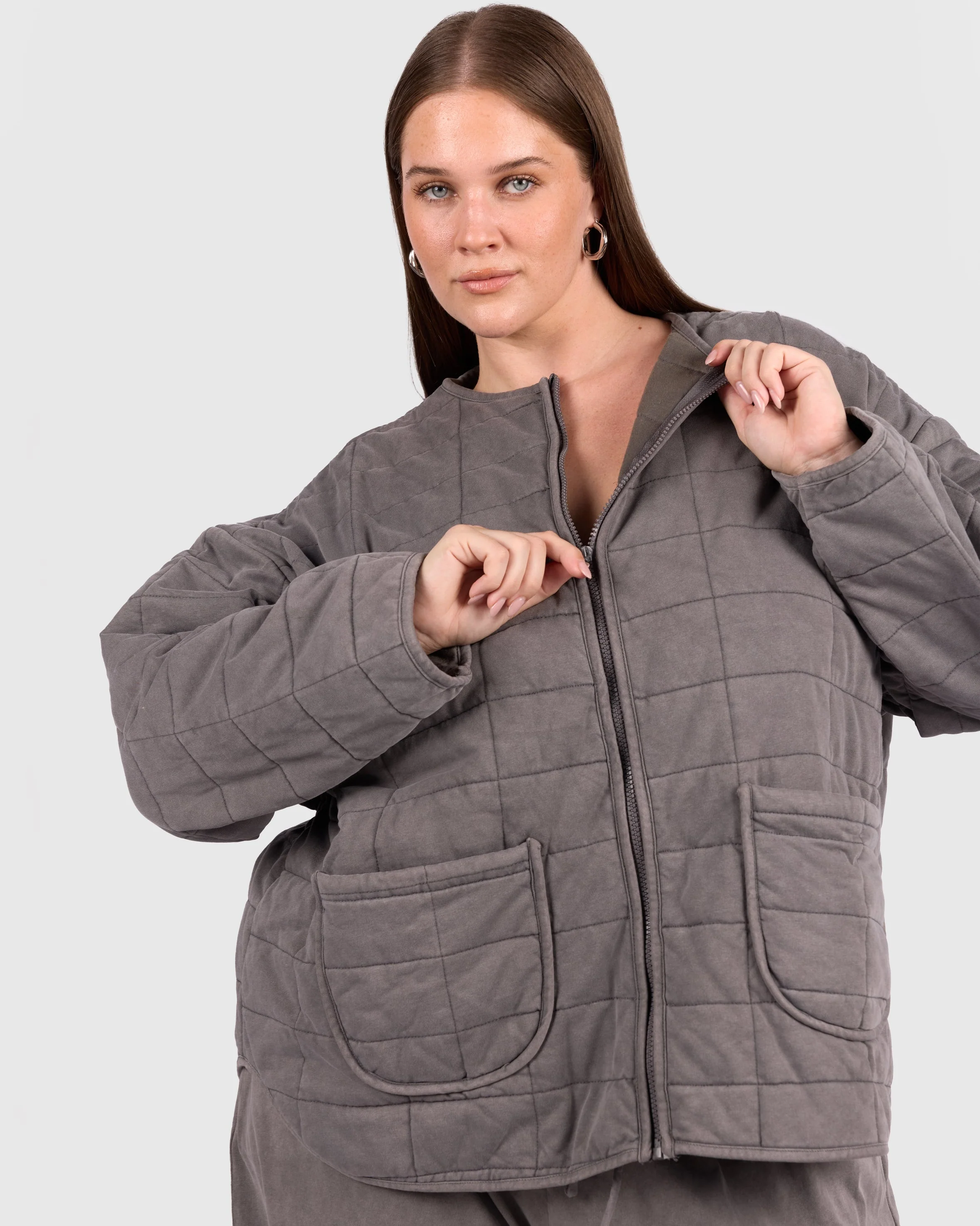 Zip Quilted Jacket | Charcoal - Image 2