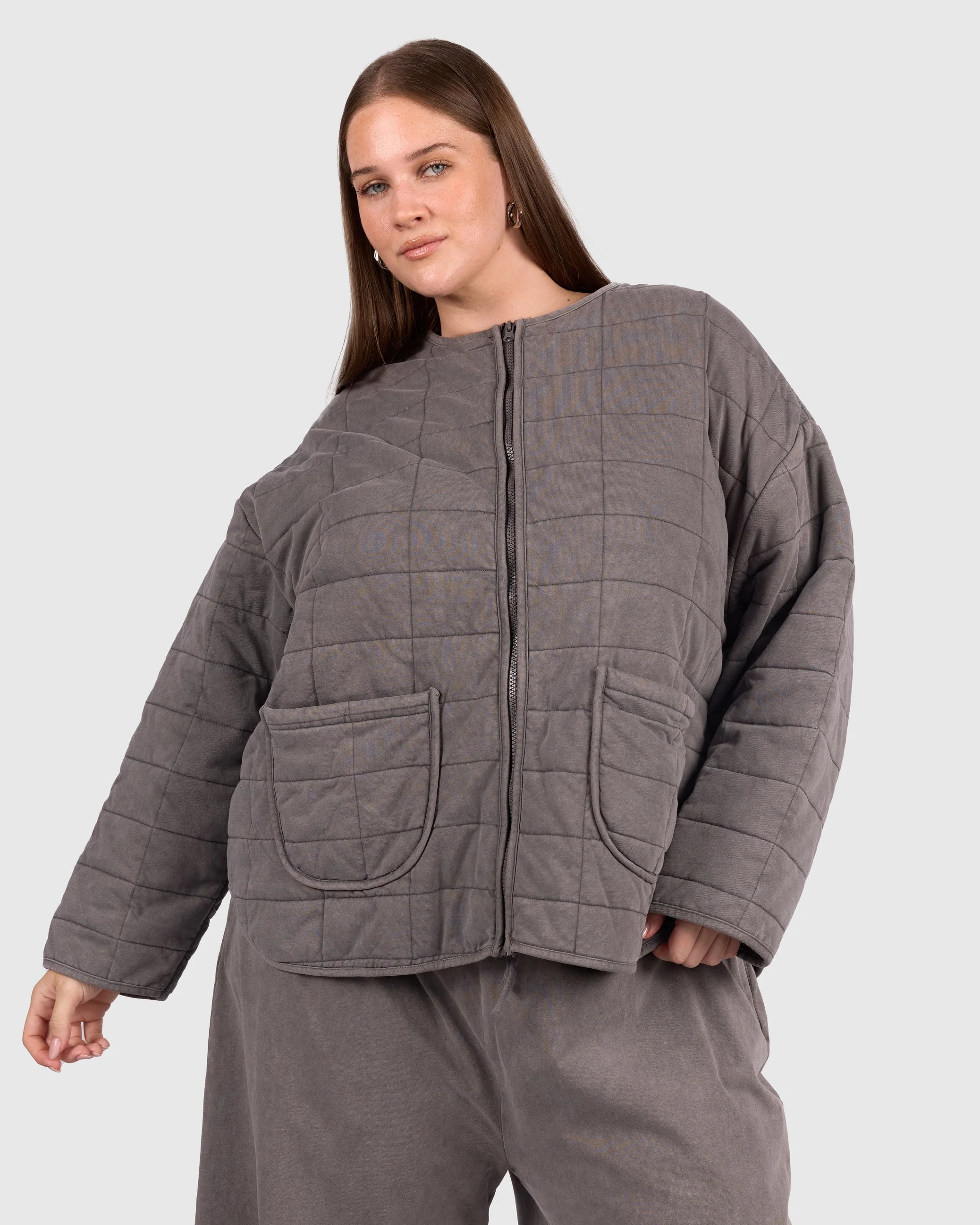 Zip Quilted Jacket | Charcoal - Image 3